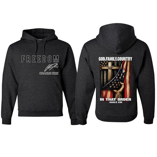wild custom apparel Charlie Kirk Freedom Signature Front & Back God Family Country In Order USA Sweatshirt Hoodies Heather Black X-Large