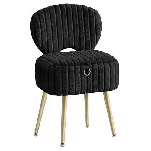 Image of SONGMICS Small Vanity Chair with Storage and Folding Back, Vanity Stool, Footrest Footstool Ottoman, Dressing Table Stool, Furry Padded Seat, for Makeup Room, Bedroom, Ink Black ULOM532BH01