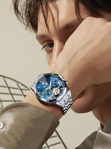Image of OLEVS Men Automatic Watch Diamond Skeleton Mechanical Luxury Self Winding Moon Phase Calendar Waterproof Wrist Watch for Men