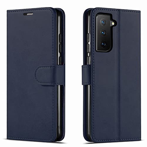 Samsung S21 FE Case, Galaxy S21 FE Case, with [Tempered Glass Screen Protector Included] STARSHOP PU Leather Wallet Shockproof Phone Cover Kickstand with Pocket Card Slots Magnet Closure -Blue