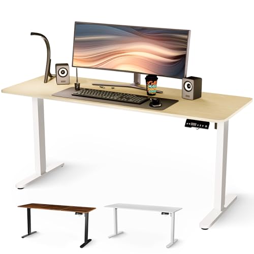 JUPPLIES Escritorio Elevable Electrico 160 x 60 cm - Mesa Elevable Escritorio Ajustable en Altura con Panel Inteligente de 3 Memorias - Standing Desk Oficina en Casa - Blanco y Madera Clara