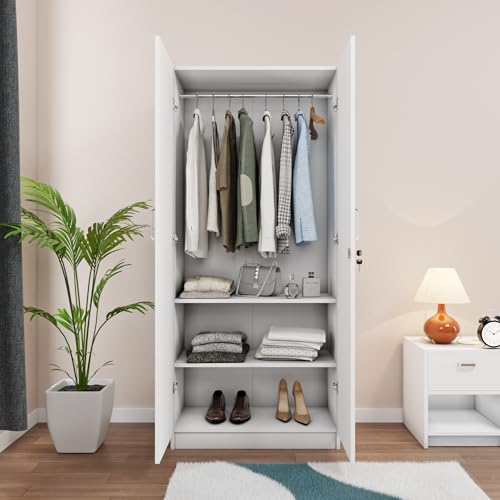 Image of VIKI Wardrobe | Batanes Wardrobe | Wooden Almirah for 2 Door Wardrobe with 2 Shelves & Hanging Space with Mirror (Frosty White - 40D x 80W x 180.8H) | 1 Year Warranty | Free Assembly
