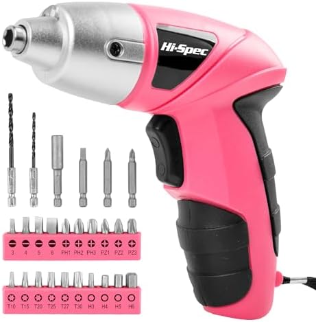 Hi-Spec Electric Screwdriver 27pc 3.6V Pink USB Small Power Screwdriver Set. Cordless & Rechargeable with Driver Bit Set
