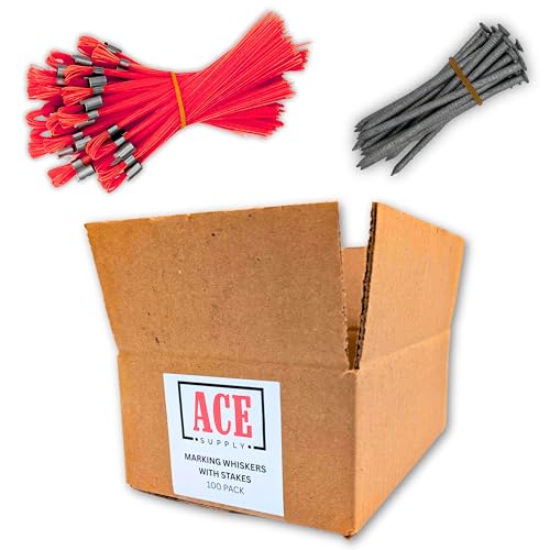 Red Marking Whiskers with Stakes - 100 Pack - Durable Marking Whisker Set - Use Survey Whiskers As Ground Markers, Construction Markers, Or Trail Markers