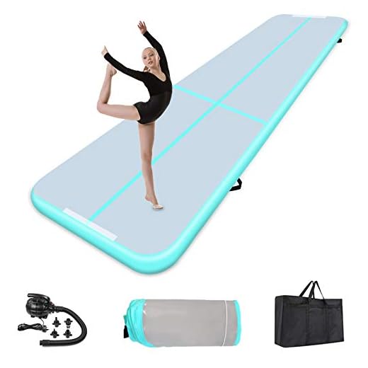 Inflatable Tumbling Mat 4 Inch Thickness Inflatable Gymnastics Mats Air Floor Tumble Track, Training Mats with Air Pump for Kids Gym Home Use Cheerleading Yoga (GREEN, 10FT*3.28FT*4IN)