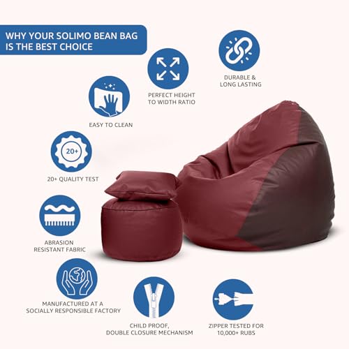 Image of Amazon Brand - Solimo 4XL Premium Faux Leather Bean Bag with Footstool & Cushion Combo for Living Room | Bean Bag Filled with Beans | Capacity Upto 6'5 inch Height & 125 Kg Weight | (Brown & Tan)