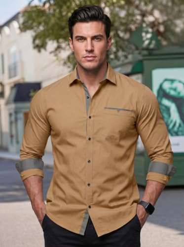 Image of Men's Cotton Blend Shirt with Solid Long Sleeves Spread Coller Neck Regular Fit Single Chest Pocket and Standard Length | Cotton Casual Shirt for Man