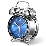 A5 Silent Non-Ticking Bedside Alarm Clock, 4" Metal Structure, Retro Vintage Design with Twin Bell, Perfect for Heavy Sleepers, Elderly and Bedrooms. Analogue Quartz and Battery Operated. (BLUE DIAL)