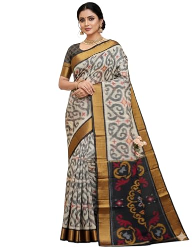 Image of AYYAPPASILK Women's Exclusive Ikkat Silk Saree for Designer Border with Contrast Blouse