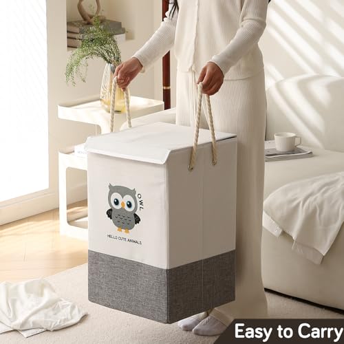 Image of HOKIPO Cardboard Foldable Laundry Basket for Clothes with Lid, Grey - Owl (AR-5317-GRY), 53cm, 35cm