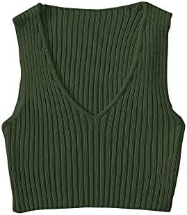 SweatyRocks Women's Ribbed Knit Crop Sleeveless V-Neck Sweater Vest Crop Tank Top Dark Green M