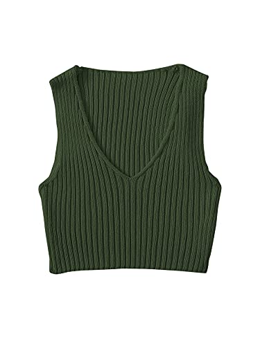 Sweatyrocks Women's Ribbed Knit Crop Sleeveless V-Neck Sweater Vest Crop Tank Top Dark Green M #TOP15
