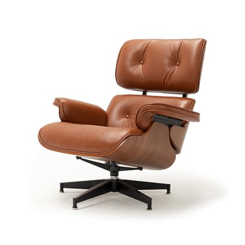 Image of Top Black Grain Leather, Mid Century Chaise Lounge Chair and Ottoman, Modern Chair Classic Design, Walnut Wood, Heavy Duty Base Support for Living Room Study Lounge Office (Walnut-brown, Upgraded)