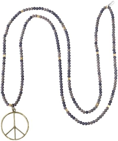 KELITCH Classic Peace Sign Necklace Love Hippie Pendant Frosted Crystal Beaded Necklace (Grey White)