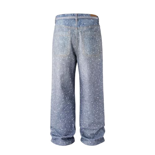 Men’S Print Straight Leg Denim Jeans with Button Fly Mid Waist High Street Patchwork Pants3