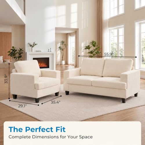 Image of 2 Piece Living Room Sofa Set, Loveseat and Armchair, Beige