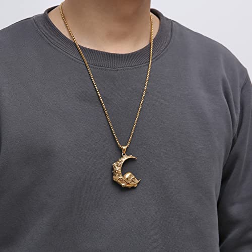 HZMAN Mens Women Gothic Retro Moon Crescent Skull Stainless Steel Pendant Necklace 22+2 Inch Chain3