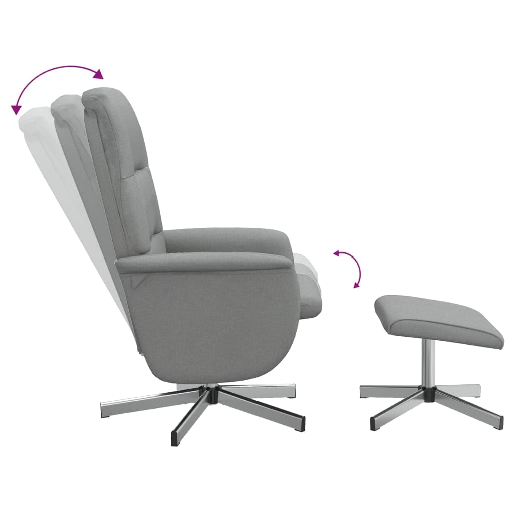 Fotel relaksacyjny z podnóżkiem, jasnoszara tkanina, regulowana, obrotowa, z funkcją leżenia, ergonomicznie wyściełana, do salonu, biura, kącika do czytania, kominka, do