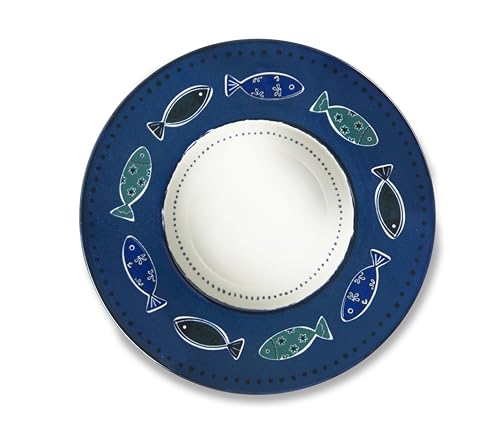 Excelsa Ocean Set 6 Piatti Fondi in Ceramica con Decoro Pesci, Blu e Bianco