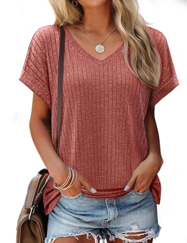 JUSTFASHIONNOW Summer Tops for Women 2025 V Neck Short Sleeve Shirts Trendy Side Split Basic Tees Dressy Casual Outfits