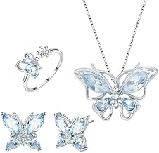 Shopping Mart 4 Pcs Jewellery Set for Women Girls Crystal Butterfly Chain Pendant Necklace Adjustable Finger Rings Studs Earrings Stylish Necklace Set Valentine Birthday Gift for Women, Girls set
