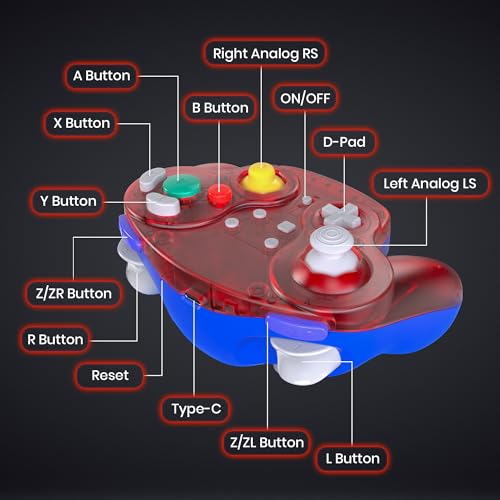 Image of 2.4 GHz Wireless GameCube Controller for Switch 1 /2, NGC Console, Clear Red | (Built-in Vibration) (Rechargeable) (Analog Triggers / Stick) Compatible with Switch Online, Windows PC, macOS