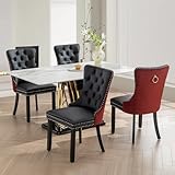 SoarFlash Leather Dining Chairs Set of 4, Tall Back Side Chair, Modern Upholstered Side Chair with Button Back Ring, Solid Wood Legs (Black&Red)