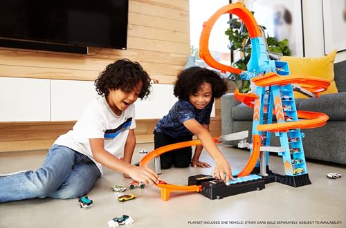 Image of Hot Wheels Sky Crash Tower Track Set, 2.5+ ft / 83 cm High with Motorized Booster, Orange Track & 1 Hot Wheels Vehicle, Race Multiple Cars, Gift for Kids 5 to 10 Years Old & Up