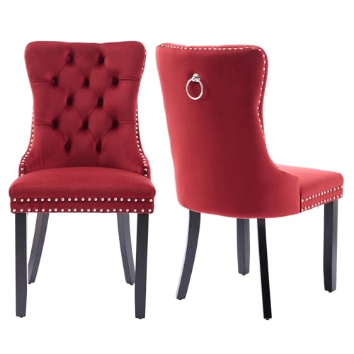 Aoowow Velvet Upholstered Dining Chairs Set of 2, Wingback Armless Side Chairs Button Tufted with Solid Wood Legs for Kitchen Dining Room (Burgundy)