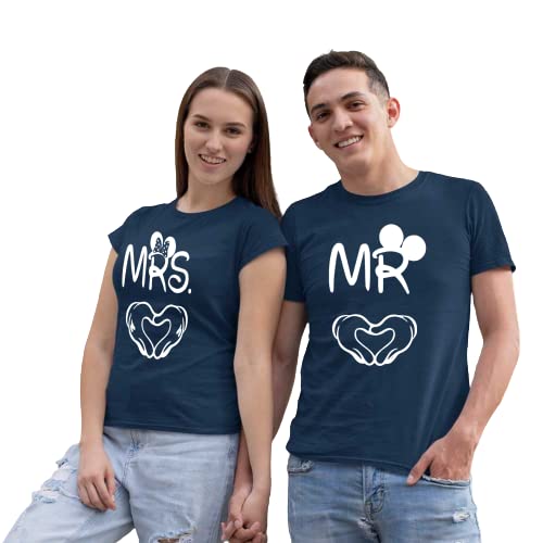 Unicorpse Men's & Women's Cotton Printed Regular Fit Couple T-Shirts (Pack of 2) - Mr. & Mrs. Print Navy Blue