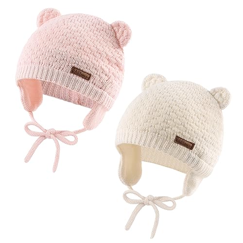 XIAOHAWANG Bonnet avec rabats pour bébé avec cache-oreilles en tricot doux pour garçon et fille, mignon ours, pour nourrisson, tout-petit, automne, hiver, 2 pièces., 0-6 mois