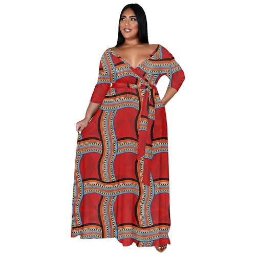 Image of Nmoder Plus Size Maxi Dress for Women - Summer Casual 3 /4 Sleeve Floral Flowy Long Dress with Belt XL- 6XL