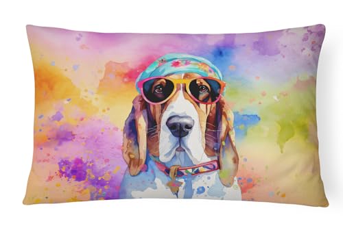 Caroline's Treasures DAC2454PW1216 Basset Hound Hippie Dawg Fabric Decorative Pillow Machine Washable, Indoor Outdoor Decorative Pillow for Couch, Bed or Patio, 12HX16W