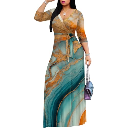 Image of PinkPatty Women's Print Maxi Dresses 3 /4 Sleeve Flowy Long Dress V Neck Wrap Tie Waist Sundress