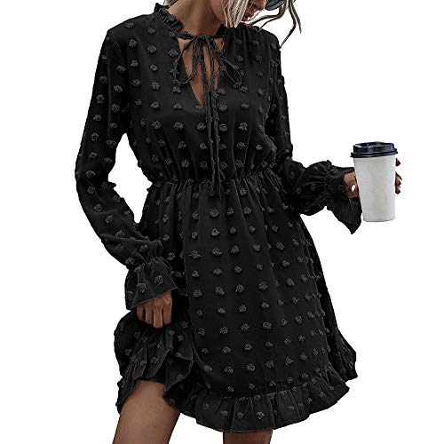 Pearl Angeli Minivestido de mujer con volantes y lunares, manga larga, de gasa, largo hasta la rodilla, vestido de fiesta, B-negro., S Cover