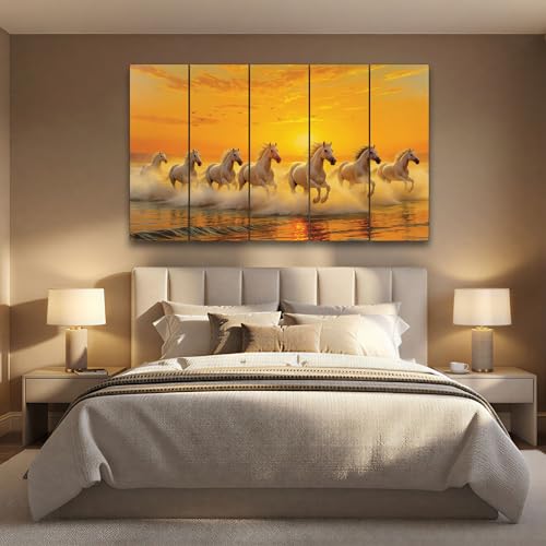 Image of The Castle Decor Running Horses with Rising Sun Vastu Painting | Wooden Frame Multi-Panel Wall Art for Living Room (Multi Color - Design 7, 27x48 Inch)