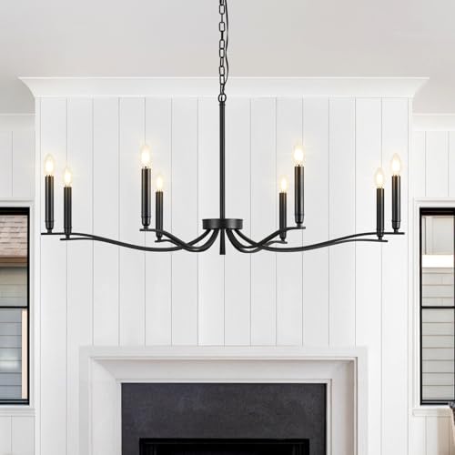 FookChak Black Chandelier, Modern Dining Room Light Fixture 8 Light Candle Chandelier Over Table 44in Metal Chandeliers Lighting for Living Room Entry Master Bedroom Bathtub Kitchen