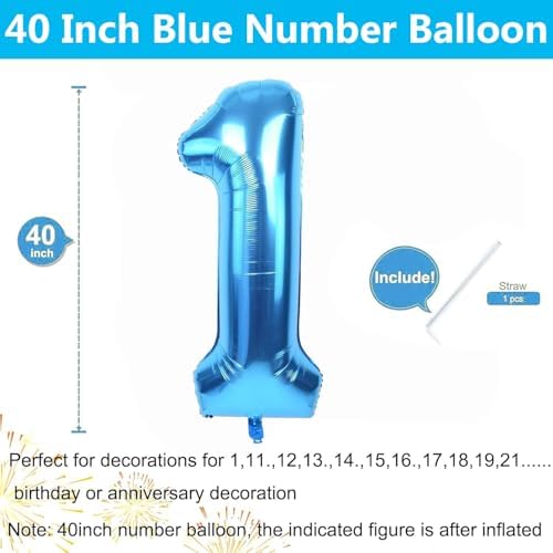 40 inch Blue Number Balloon Giant Foil Helium Balloons Blue Number 1 Balloon for 1st Birthday Party Decorations