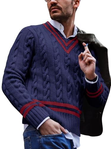 PASLTER Mens V Neck Sweater Cable Knit Chunky Relaxed Fit Fashion Twist Thermal Pullover Tennis Sweaters