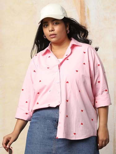 Image of HIGH Star Oversized Embroidered Cotton Shirt for Women | Stylish Tops for Women | Comfortable and Trendy Casual Shirt