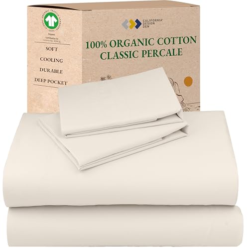 California Design Den Sheets Queen Size Bed Set - Soft 100% Organic Sheets with Deep Pockets, Crisp Percale, Breathable and Durable Bedding Set - Ivory (Cream Tone)
