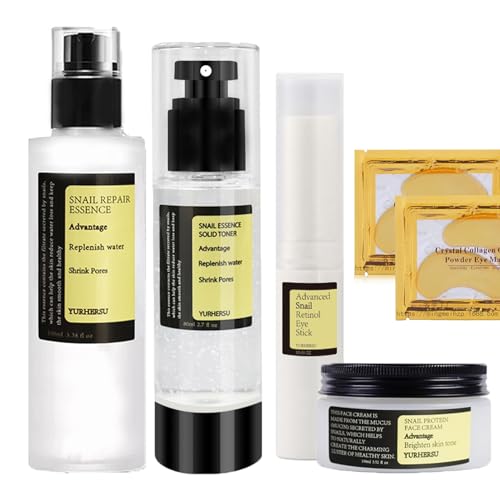 7PCS Snail Mucin Essence Set,Snail Mucin Face Serum,Firming Snail Mucin Skin Care Kit,Face Oil & Face Toner & Eye Cream Stick & Face Cream & 24k Gold Under Eye Gel Pad,Anti Aging & Reduce Dark Circle