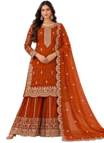 Image of Women's Ethnic Plazzo Suit Set with Kurta & Dupatta | Fendy Fabric Embroidered Kurta Set | Round Neck 3 /4 Sleeve Dress | Elegant Outfit