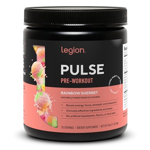 Image of LEGION Pulse Pre Workout - All Natural Nitric Oxide Preworkout Drink to Boost Energy, Creatine Free, Naturally Sweetened, Beta Alanine, Citrulline, Alpha GPC (Rainbow Sherbet)