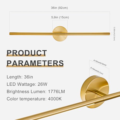 Image of Gold Bathroom Light Fixtures Over Mirror 36 Inch, 26W 360 Rotatable Dimmable 4000K Led Vanity Light Bar, Brushed Gold Bathroom Vanity Lights Above Mirror