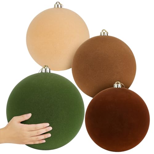 4 Pcs 8'' Extra Large Velvet Christmas Ball Ornaments Giant Oversized Flocked Xmas Ball Big Hanging Christmas Tree Ornaments for Xmas Tree Holiday Party Outdoor Decor(4 Colors)