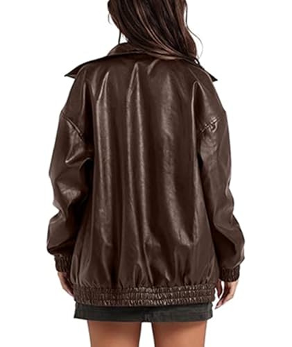 SOMTHRON Women's Oversized Leather Jackets Faux Casual Zip Up Fall Motorcycle Bomber Outfits Winter Fashion Clothes3