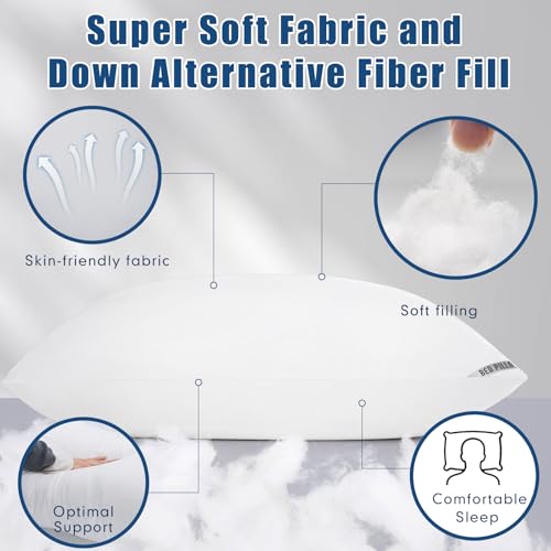 Image of Queen Size Pillows 4 Pack, Soft Firm Support for Side Back Stomach Sleepers | Set of 4 queen pillows with down-alternative fill. Plush yet resilient for side, back, or stomach sleepers.