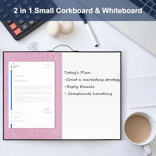 Image of Small White Board Cork-Board Combo - 16 X 12 inches Pink Linen Board & Magnetic Dry Erase Board for Wall, Mini Bulletin Cork Board with Holder for Office, Home and School