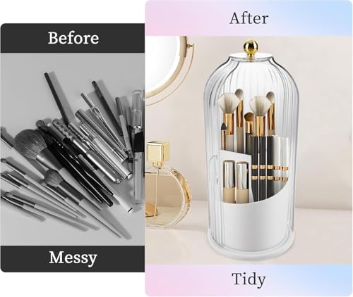 Image of 360Rotating Makeup Brushes holder with Lid，Make Up Organizers and Storage for Vanity Countertop or Bedroom Dresser (Transperent)